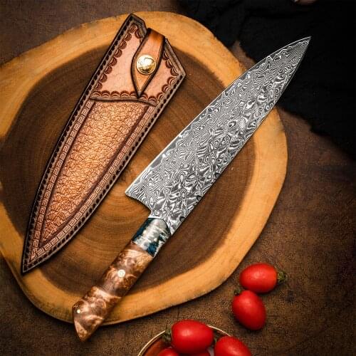 Chefs Knife Full Tang Damascus Steel Blade Burl Wood Handle Cooks Knife 8.3" Professional Kitchen Knives with Sheath