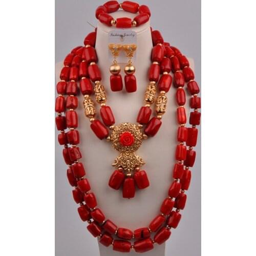 Orange/White/Red Coral Beads Costume Necklace African Set Nigerian Women Wedding Bridal Jewelry Sets 2-18-H2
