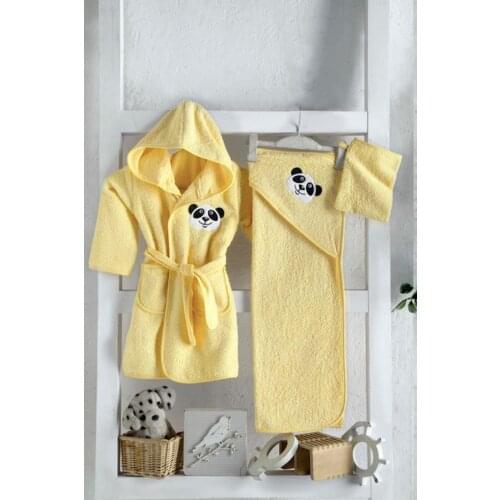 0-2 AGE Yellow Panda Newborn Infant Sets Baby Gowns Cartoon Flannel Bathrobes+ baby body towel + baby head towel/ pouch