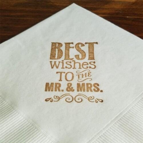 Personalized Napkins Rustic Wedding Best Wishes to the Mr and Mrs White Wedding 3 Ply Paper Beverage Cocktail Napkins in Coffee
