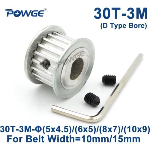 POWGE 30 Teeth HTD 3M Synchronous Pulley D Type Bore 5x4.5/6x5/8x7/10x9mm for Width 10/15mm 3M Timing belt HTD3M 30Teeth 30T