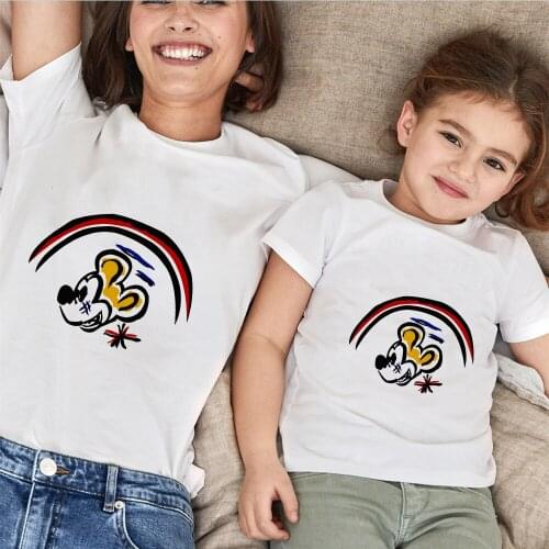 Rainbow Mickey Mother Daughter Tshirts Family Matching Outfits Short Sleeve Loose White O-neck Baby Girls Boys Clothes Dropship
