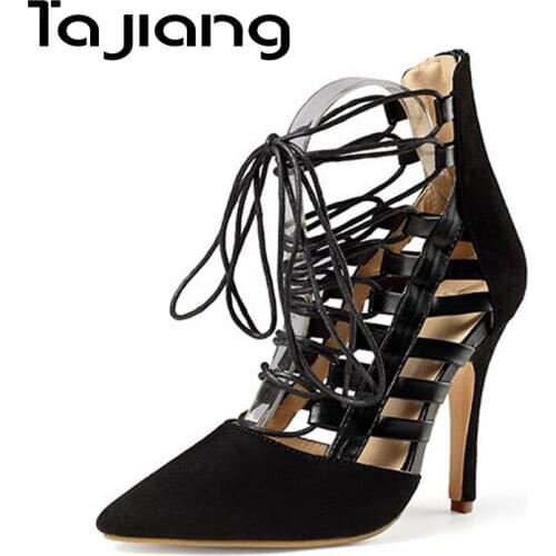 Ta Jiang New Flock Leather Women High Heels Summer Cutout Gladiator Sandals Fashion Ladies Dress Pointed Toe Shoes Woman