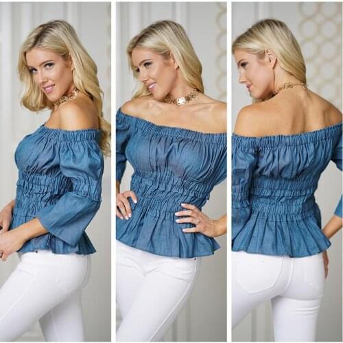 ZHUOFEI women denim shirt casual long flare sleeves solid type cloth for female t-shirts summer woman 2019