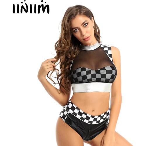 Womens Plaid Cheerleading Schoolgirls Cosplay Zipper Tops with Briefs Uniform Girl Sexy Lingerie Gleeing Cheerleader Costume Set