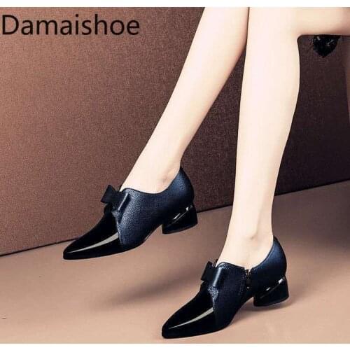 Deep Mouth High Heels Womens Spring and Autumn New Fashion Bowknot All-Matching Graceful Pointed Thick Heel Lining Pumps Women