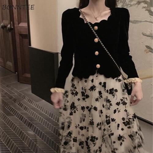 Sets Women Oversize Spring Trendy Lace Edible Tree Fungus Long Sleeve Golden Button Mesh Floral A-line Slim Faldas Korean Style
