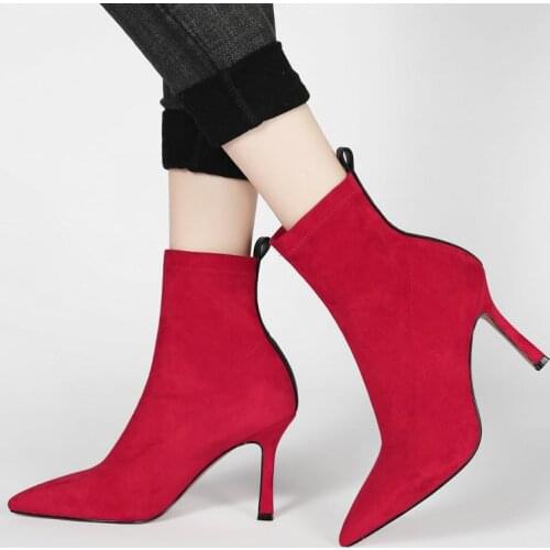 Women Suede Slip On Ankle Boots Thin High Heel Stretch Boots Fashion Pointed Toe Autumn Winter Lady Short Boots Black Red Beige