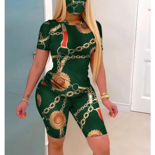 HHDMV 2020 Women England Style Set Chain Print Clothing Fitness O-Neck Sport Suit Women Short Sleeve Two Pieces Set