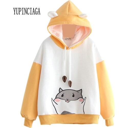 YUPINCIAGA embroidery hit color Sweatshirts Women hamster Hooded Warm Pullovers With Horns Harajuku Hooded Girls Teens Hoodies