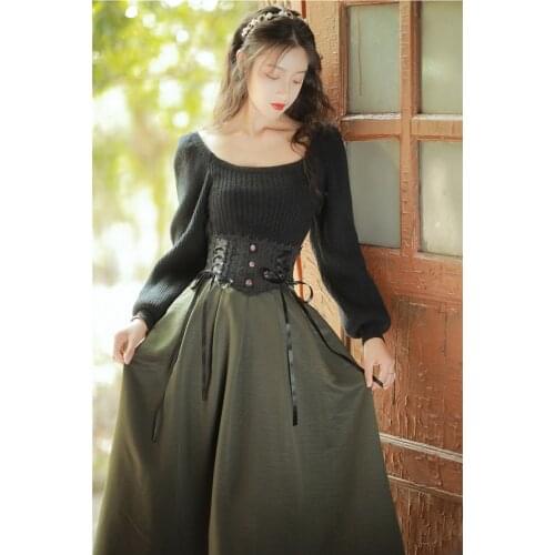 Winter Women 2 Piece Set Modern Vintage Outfits Slim Lady Royal Lantern Sleeve Black Sweater & Army Green Lace Patchwork Skirt