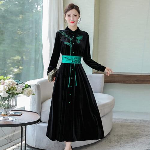 Autumn And Winter New Womens Chinese Style Retro Embroidery Dress Female Long Windbreaker Jacket Fashion Elegant Robes y1312