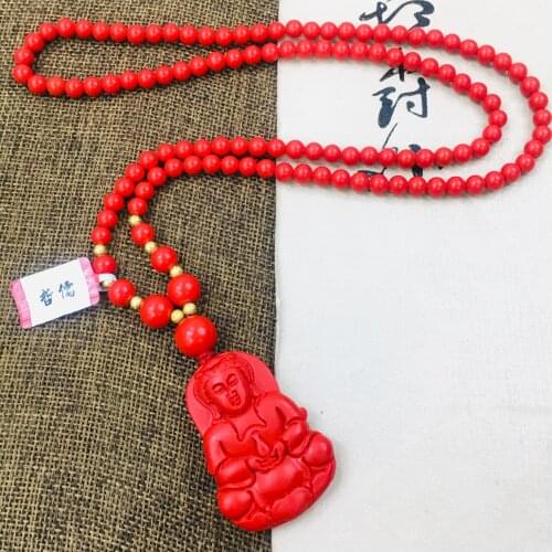 Zheru Jewelry Natural Cinnabar Carved Amulet Guanyin Pendant with Tri-Color Bead Necklace Sweater Chain