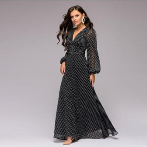 21Bohemian Retro Dot Printed Women Sexy Deep V-neck Long Sleeve Chiffon Maxi Dresses Spring Autumn Plus Size Black‘xǐ yíngyíng