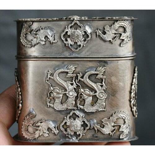 3" Rare Old China Silver Dynasty Palace Dragon Phoenix Cigarette box Coccoloba