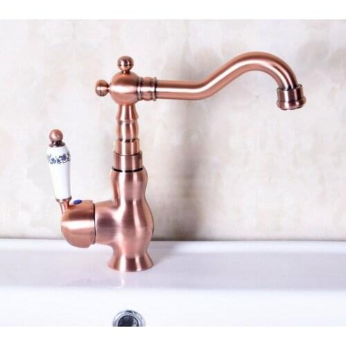 Antique Red Copper Brass Single Ceramic Handle Bathroom Kitchen Basin Sink Faucet Mixer Tap Swivel Spout Deck Mounted mnf137