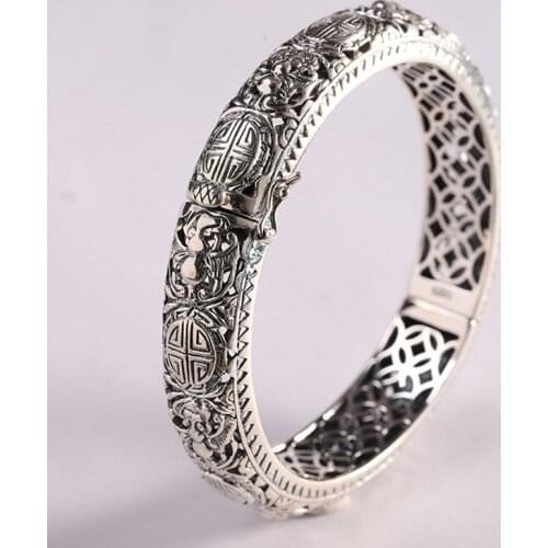 BOCAI 2021 Fashion New S925 Silver Jewelry Hollow Engraving Vintage Woman Bracelet Opening Design Peace in all Seasons