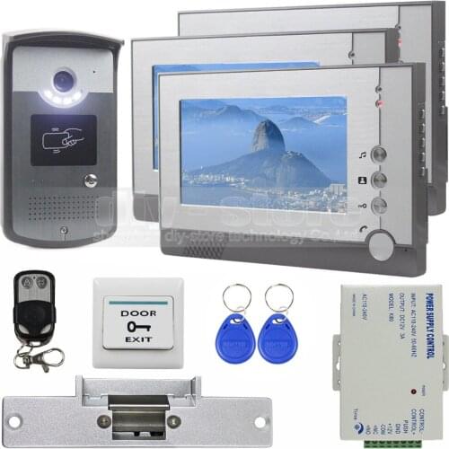 DIYSECUR Strike Lock Video Door Phone Doorbell Video Intercom Remote Control RFID Metal Outdoor Camera 1 Camera 3 Monitors