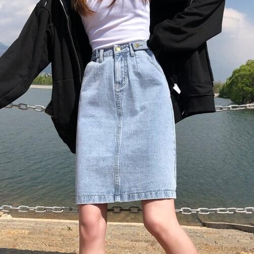 Limiguyue High Waist Blue Denim Skirt Women Vintage Elastic Jean Skirt Summer Straight Skirt Black White Jeans Skirts Girls K729