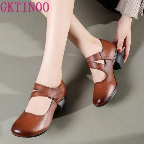 GKTINOO 2020 New Autumn Handmade Soft Comfortable 100% Genuine Leather Shoes Woman Shoes Pumps Retro Thick with High Heels 6 CM