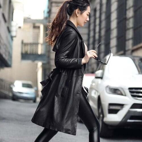 Autumn Winter Warm Real Jacket Women Black Sex Turn Down Collar With Belt Genuine Leather Outwear manteau femme