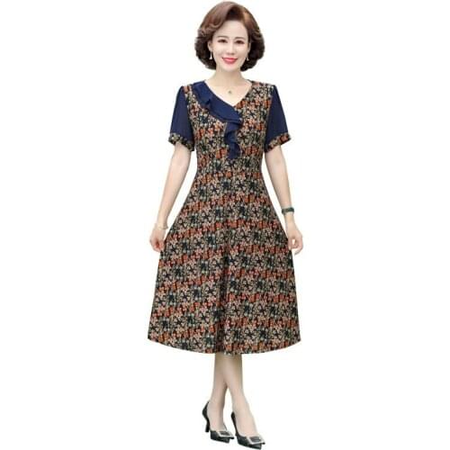 2021 Summer Dress Middle-aged Ruffle collar elderly Womens Long-sleeved Dress Loose Large Size Mother Dresses