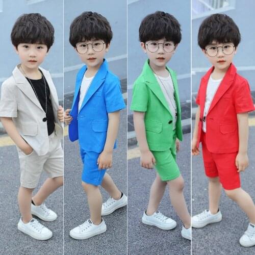 Summer Childrens Short Sleeve Suit Sets Boys Performance Birthday Party Costume Kids Blazer Shorts Pants Dress Hosted Outfits
