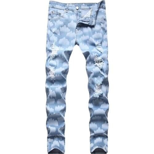 New Mens Male Casual Sky Blue Cloud Printed Jeans Fashion Stretch Denim Slim Straight Pants Print Ripped Trousers 7115