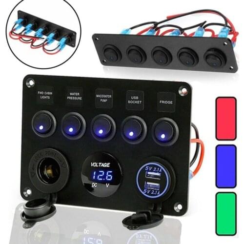 New Arrival 1pc 5 Gang ON-OFF Switch Panel Dual USB Socket Charger LED Voltmeter for Car Boat Interior Parts