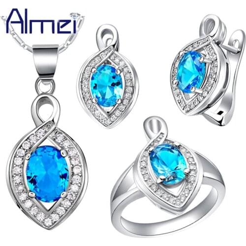 New Almei Silver Blue Jewelry Sets for Women Wedding Bridals Silver Earrings Red Necklace Set Pink Purple Crystal Rings T452