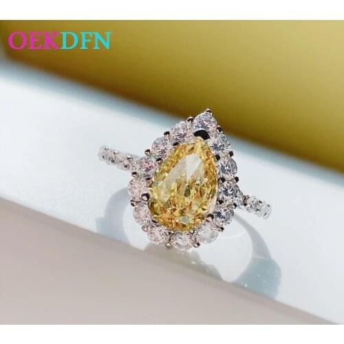 OEKDFN Real 925 Sterling Silver Rings Pear Cut Citrine Created Moissanite Gemstone Wedding Engagement Luxury Bands Fine Jewelry