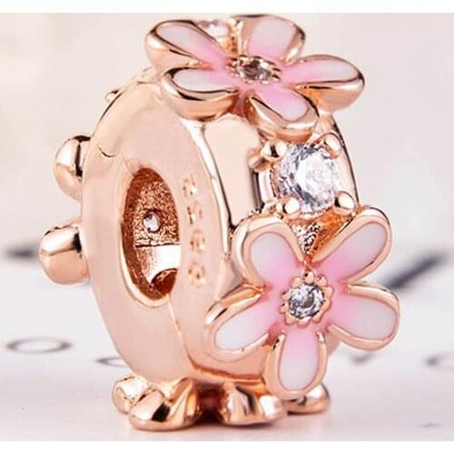 Original Pink Daisy Flower Spacer With Crystal Clip Stopper Beads Fit 925 Sterling Silver Charm Europe Bracelet Diy Jewelry