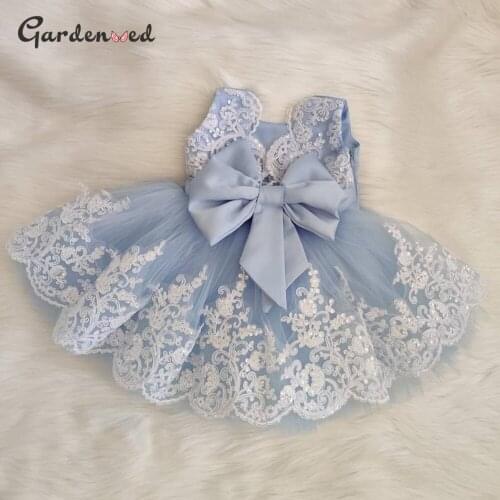 Gardenwed Puffy Ball Gown Flower Girl Dresses Sky Blue Lace Tulle Wedding Party Dresses Simple Bow Communion Dress 2020