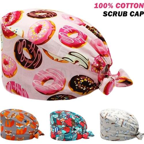 New Unisex Scrubs Caps 100% Cotton Donuts Print Adjustable Nursing Hat Lab Beauty Salon Pet Shop Working Accessories Scrub Cap