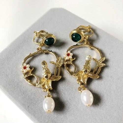 Cute Design Bird Pearl Charm Flower Sweet Clip Earring