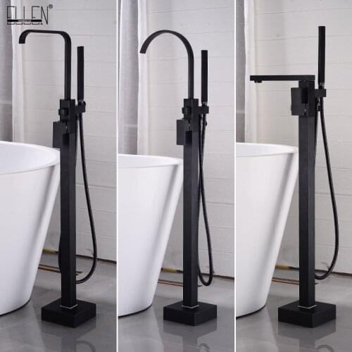 ELLEN Floor Standing Bathtub Faucets with Hand Shower Square Bath Tub Black Faucet Water Mixer Tap Crane ELS2007