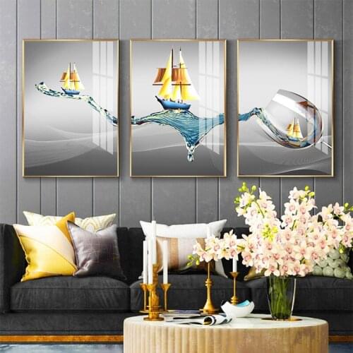 Modern Abstract Golden Ship Canvas Painting Wine Glass Blue River Water Poster Home Decor Nordic Posters and Prints Pictures