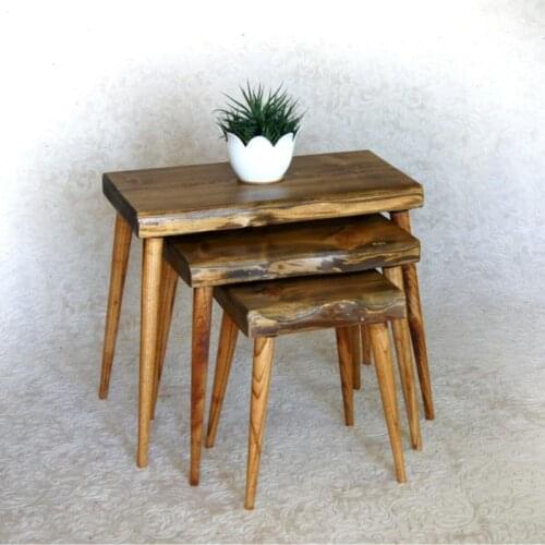 Modern Natural Wood Solid Billet 3'lü Zigon Coffee table coffe table