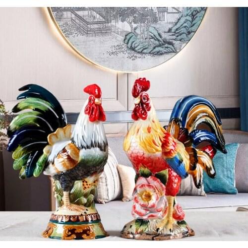 European Hand Painted Lucky Big Rooster Art Sculpture Animals Cock Figurine Creative Ceramics Craft Decorations For Home