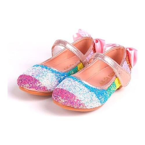 Rainbow Glitter Sequin Little Girls Mary Jane Flat Shoes Bow Ankle Strap Velcro Wedding Party Dress Princess Girls Ballet Shoes