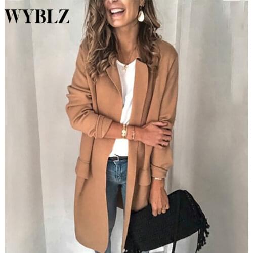 Spring Autumn Elegant Slim Long Blazer Femme Long Sleeves Cardigans Fake Pocket Solid Casual Coat Fashion Manteau Femme 2021