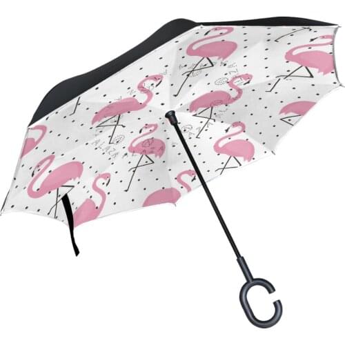 Flamingo Windproof Reverse Double Layer Inverted Umbrella Self Stand Rain Protection C-Hook Hands For Car Women Sunny Umbrella