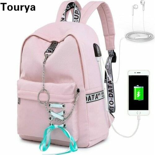 Tourya Fashion Waterproof Backpack Women School Bags For Teenagers Girls USB Charge Bow Travel Rucksack Laptop Bagpack Mochila