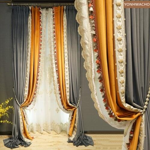 Custom curtain luxury American thick velvet dark gray orange embroidery cloth blackout curtain tulle C618