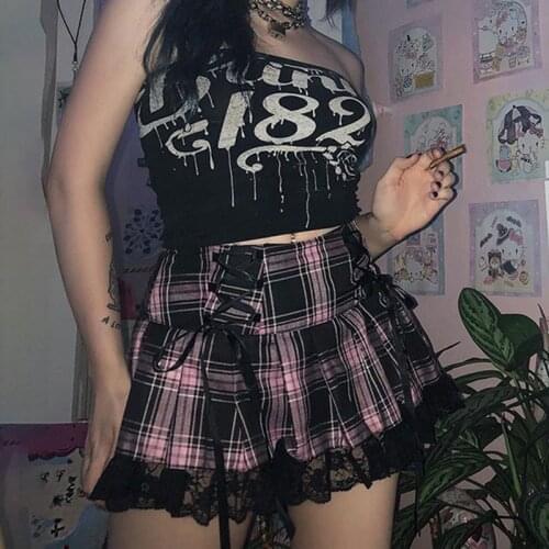 Goth Y2K Woman Skirts Pink Stripe Plaid Lace Trim Pleated Skirt Punk Dark Academia Aesthetic E Girl Clothes