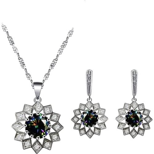 Silver plated Rainbow Zircon Earrings Necklace Pendant Ornament Flower Classic Party Set for Women JS838