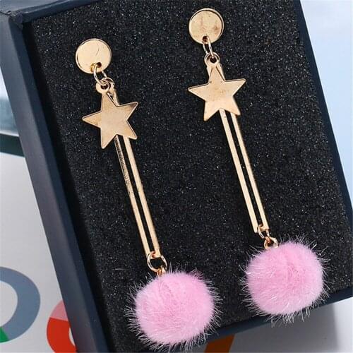 CRLEY New Star Drop Earrings Mink Hair Imitation Rabbit Hair Ball Earring Fashion Long Earrings For Women Girls Jewelry 2019