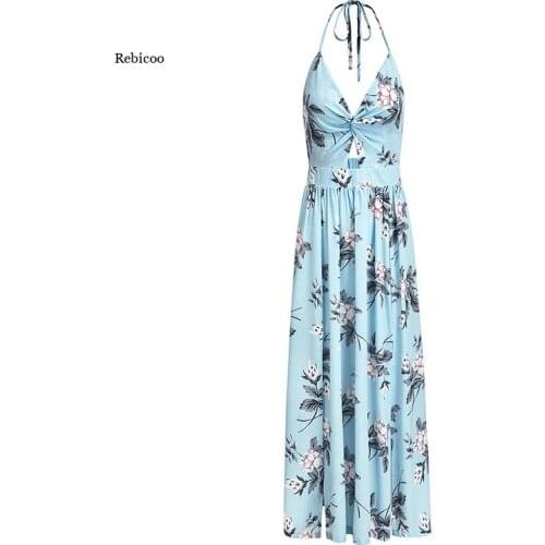 Plus Size Women Bohemian Dress Sling V-Neck Chiffon Printed Dress Sexy Split Beach Long Women Dress Summer New