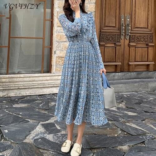 Elegant Stand Collar Ruffles Women Dress Long Sleeve Plaid Female Chiffon Pleated Dress 2020 Spring Vestidos femme