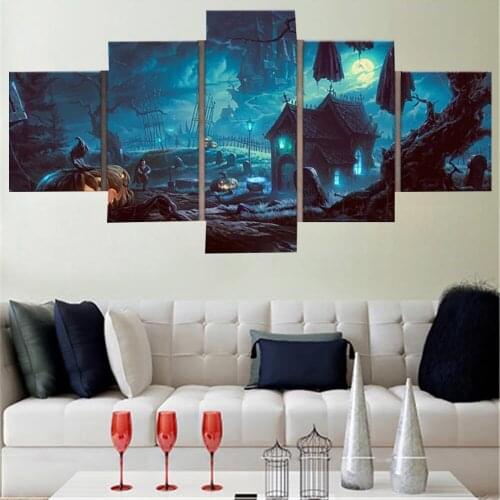 5 Piece Wall Art Canvas Painting Halloween Poster Pumpkin Lords In Cemetery Nordic Decoration Home Frame Picture Modular